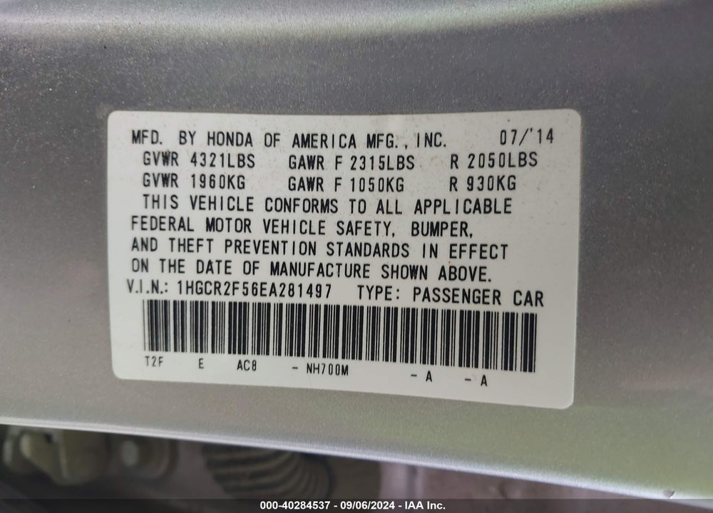 2014 HONDA ACCORD SPORT VIN: 1HGCR2F56EA281497
