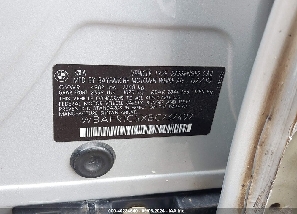 2011 BMW 528I VIN: WBAFR1C5XBC737492
