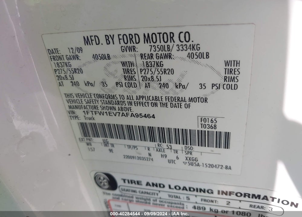2010 HARLEY-DAVIDSON FORD F-150 FX4//KING RANCH/LARIAT/PLATINUM/XL/XLT VIN: 1FTFW1EV7AFA95464