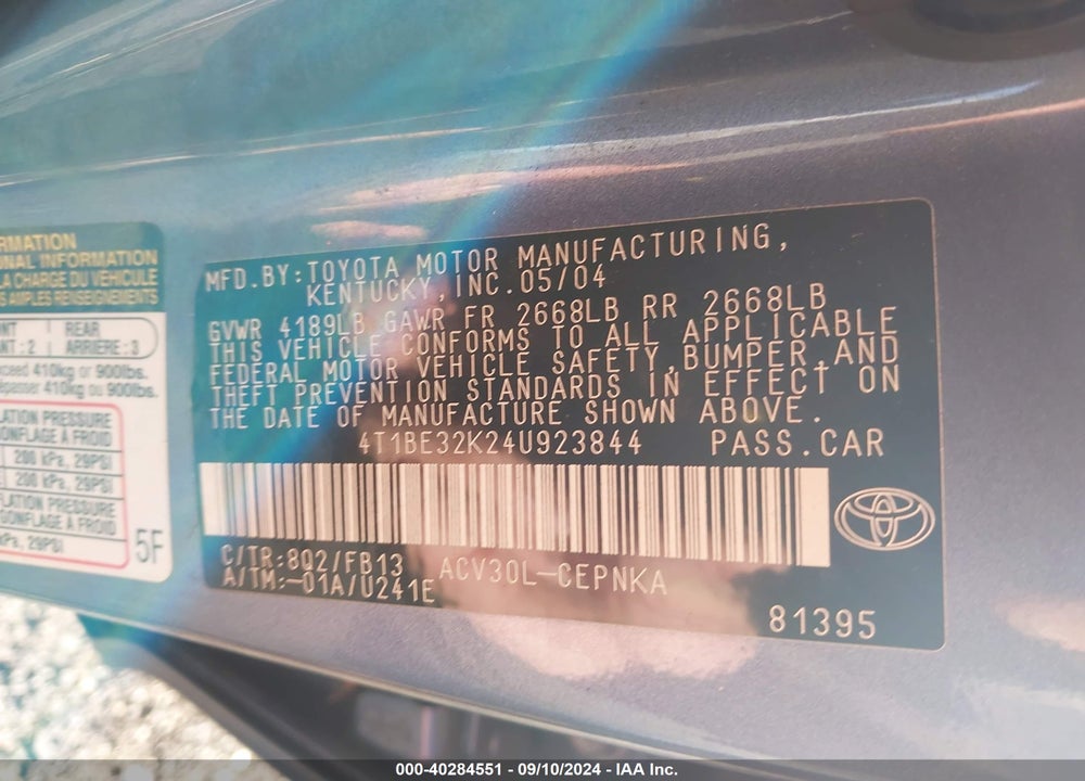 2004 TOYOTA CAMRY LE VIN: 4T1BE32K24U923844