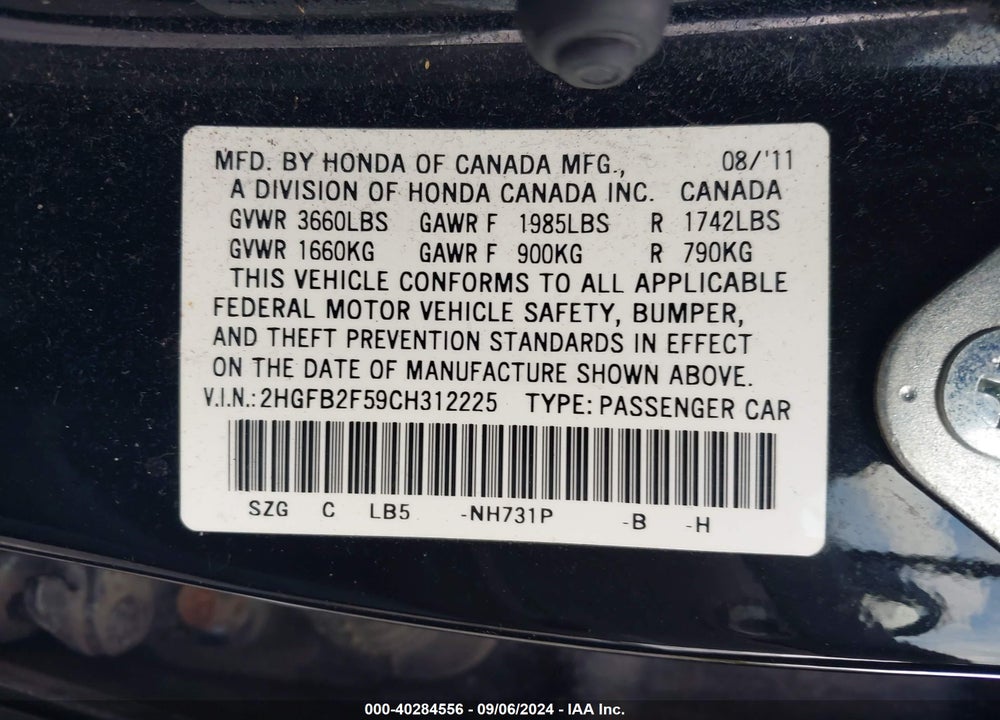 2012 HONDA CIVIC LX VIN: 2HGFB2F59CH312225