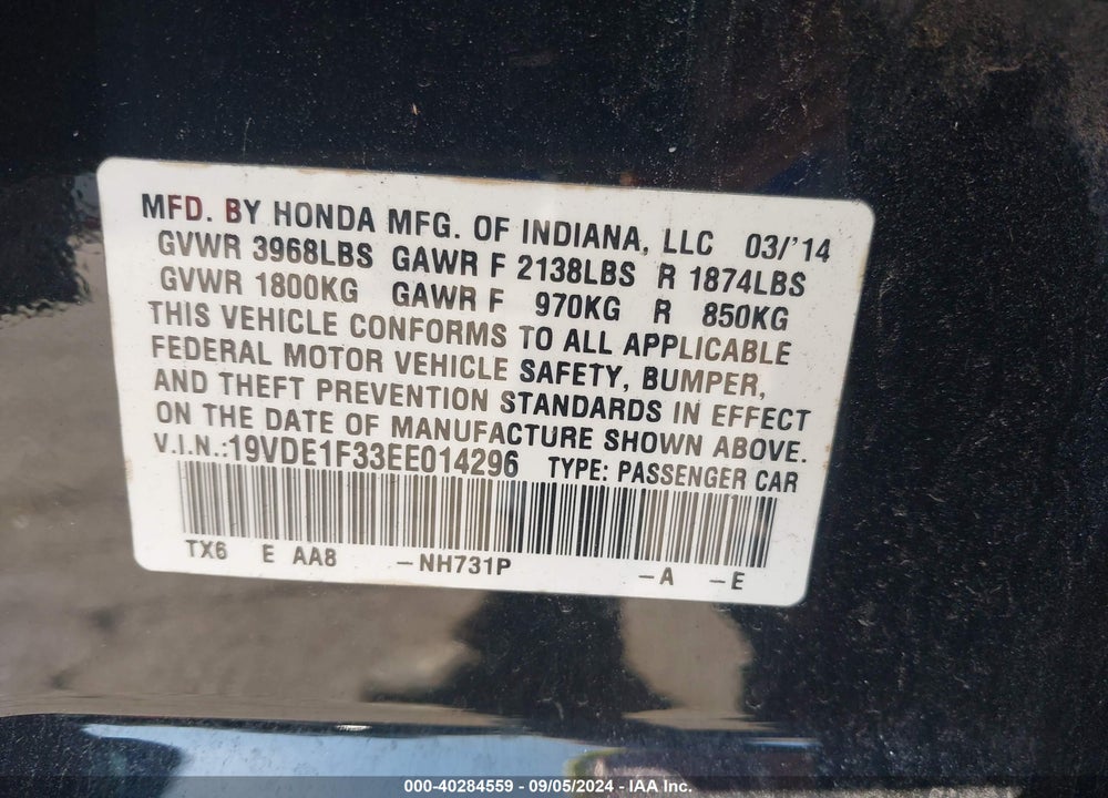 2014 ACURA ILX 2.0L VIN: 19VDE1F33EE014296
