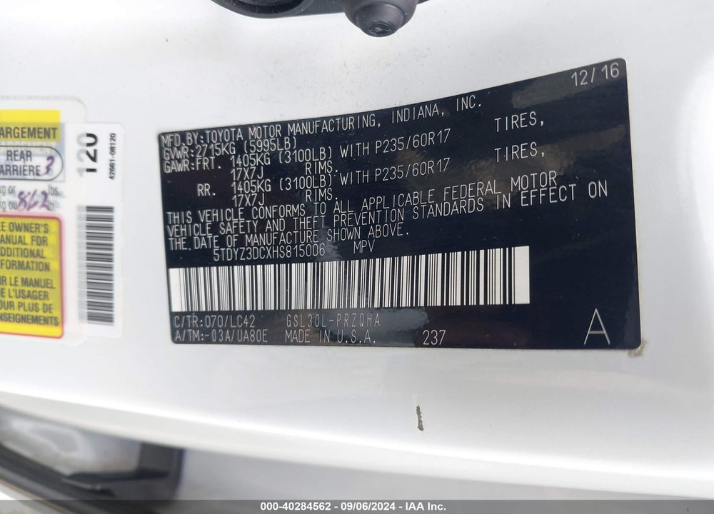 2017 TOYOTA SIENNA XLE PREMIUM 8 PASSENGER VIN: 5TDYZ3DCXHS815006