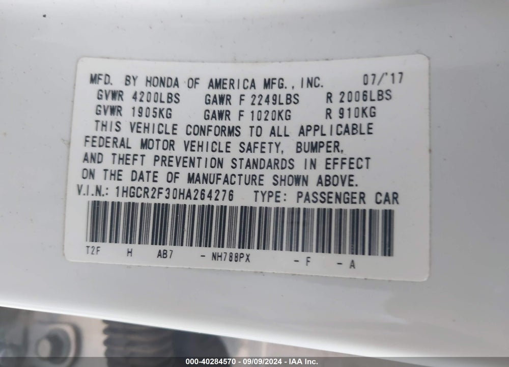 2017 HONDA ACCORD LX VIN: 1HGCR2F30HA264276