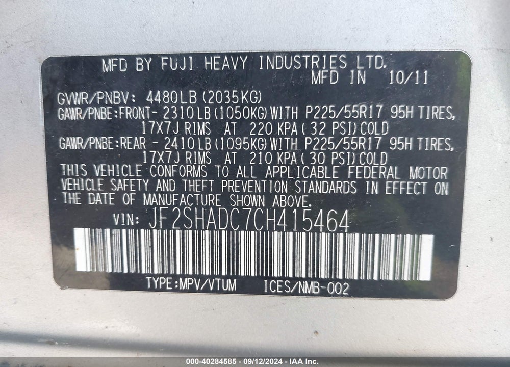 2012 SUBARU FORESTER 2.5X PREMIUM VIN: JF2SHADC7CH415464
