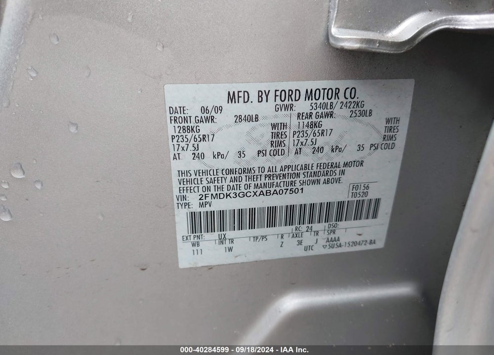 2010 FORD EDGE SE VIN: 2FMDK3GCXABA07501