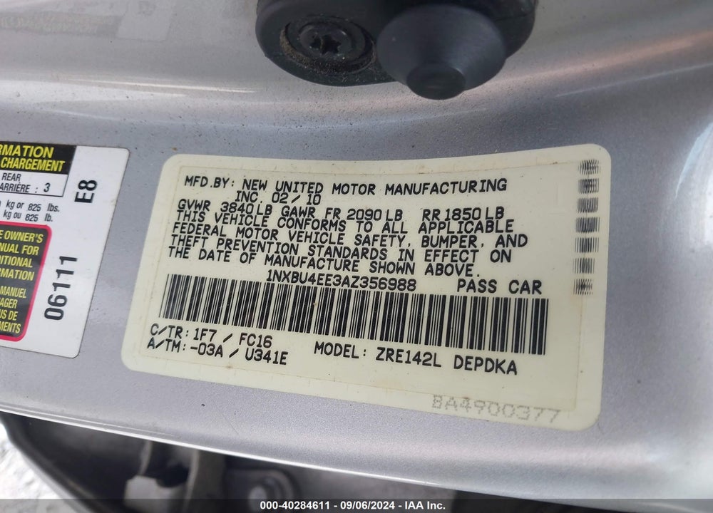 2010 TOYOTA COROLLA LE VIN: 1NXBU4EE3AZ356988