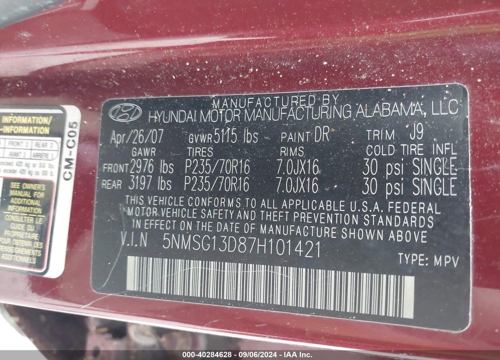 2007 HYUNDAI SANTA FE GLS VIN: 5NMSG13D87H101421