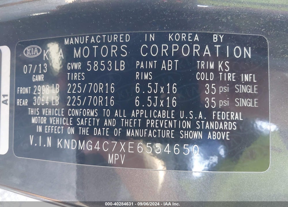 2014 KIA SEDONA LX VIN: KNDMG4C7XE6554650