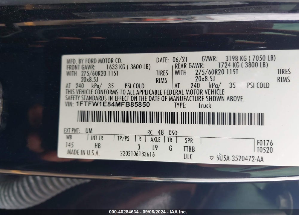 2021 FORD F-150 LARIAT VIN: 1FTFW1E84MFB85850
