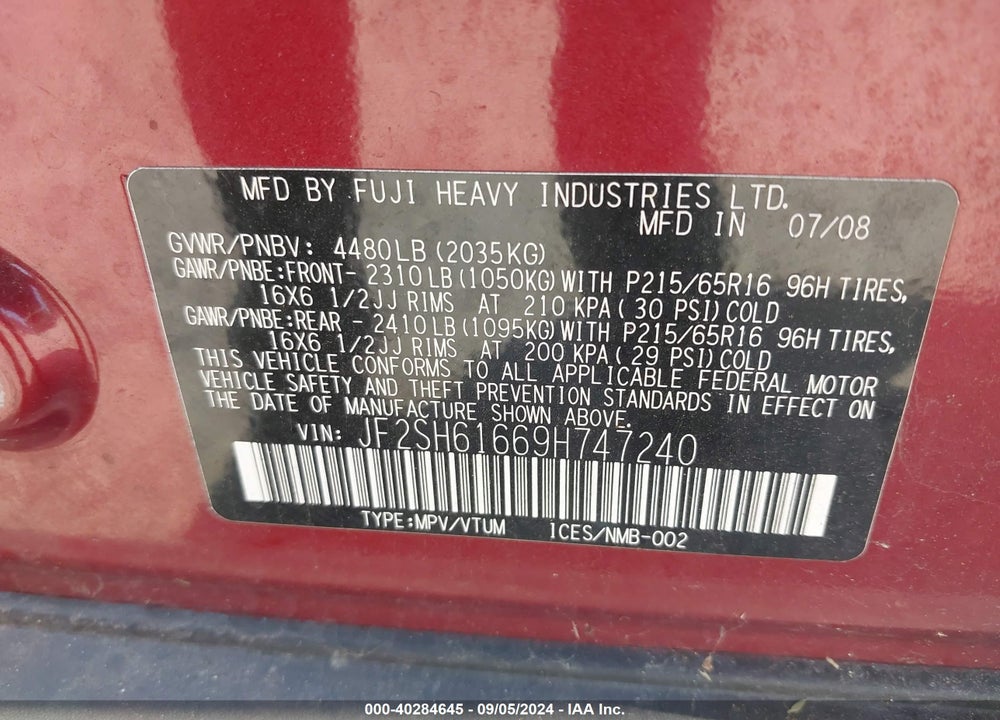 2009 SUBARU FORESTER VIN: JF2SH61669H747240