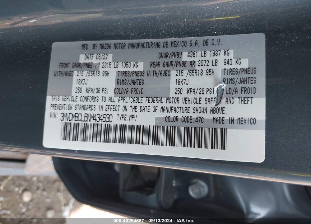 2022 MAZDA CX-30 CARBON EDITION VIN: 3MVDMBCL6NM434630