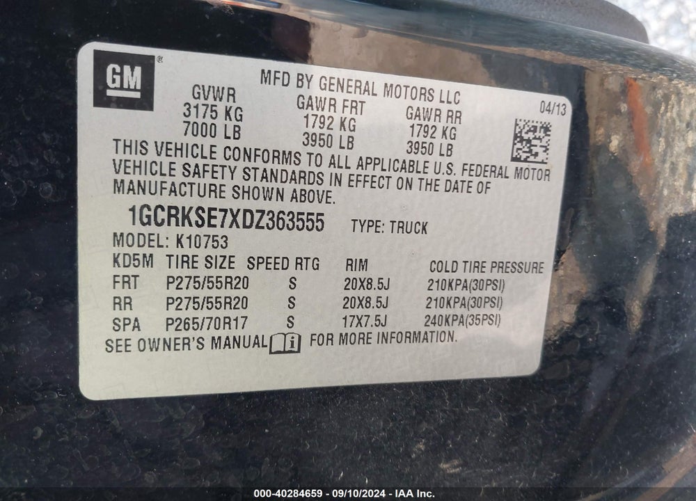 2013 CHEVROLET SILVERADO 1500 LT VIN: 1GCRKSE7XDZ363555