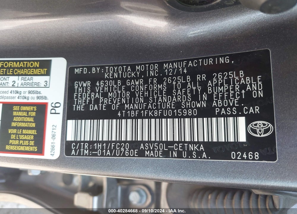 2015 TOYOTA CAMRY LE VIN: 4T1BF1FK8FU015980