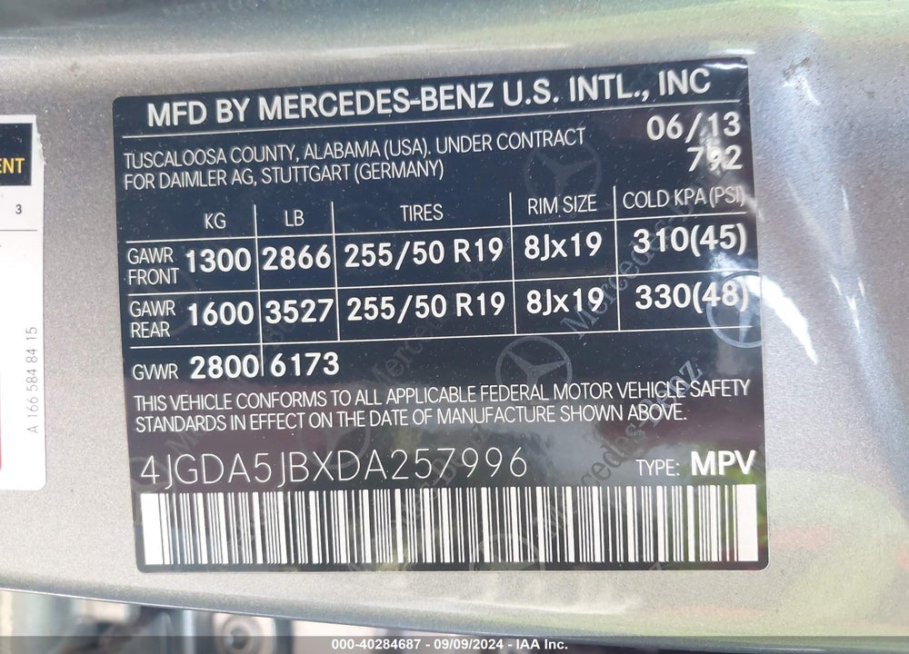 2013 MERCEDES-BENZ M-CLASS ML 350 VIN: 4JGDA5JBXDA257996