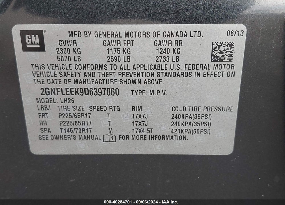 2013 CHEVROLET EQUINOX 1LT VIN: 2GNFLEEK9D6397060