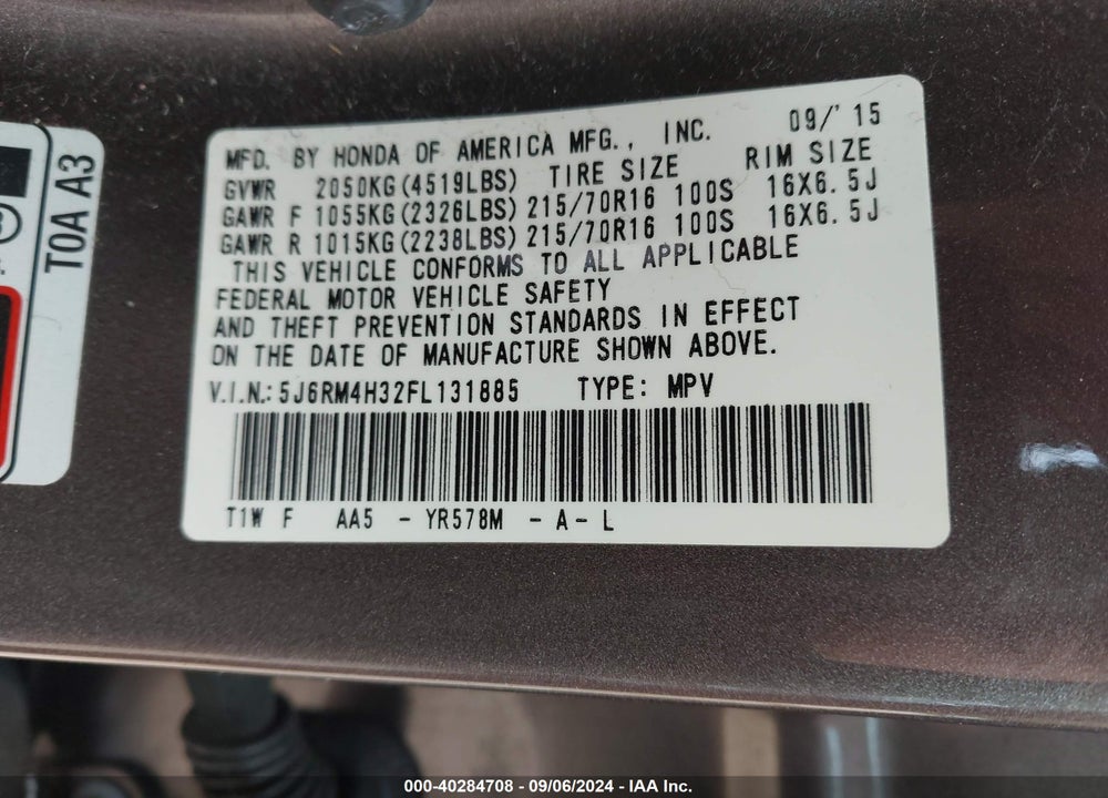 2015 HONDA CR-V LX VIN: 5J6RM4H32FL131885