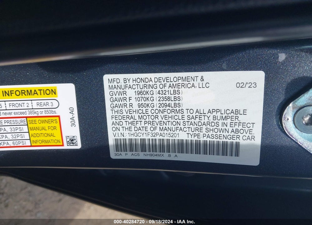 2023 HONDA ACCORD EX VIN: 1HGCY1F32PA015201