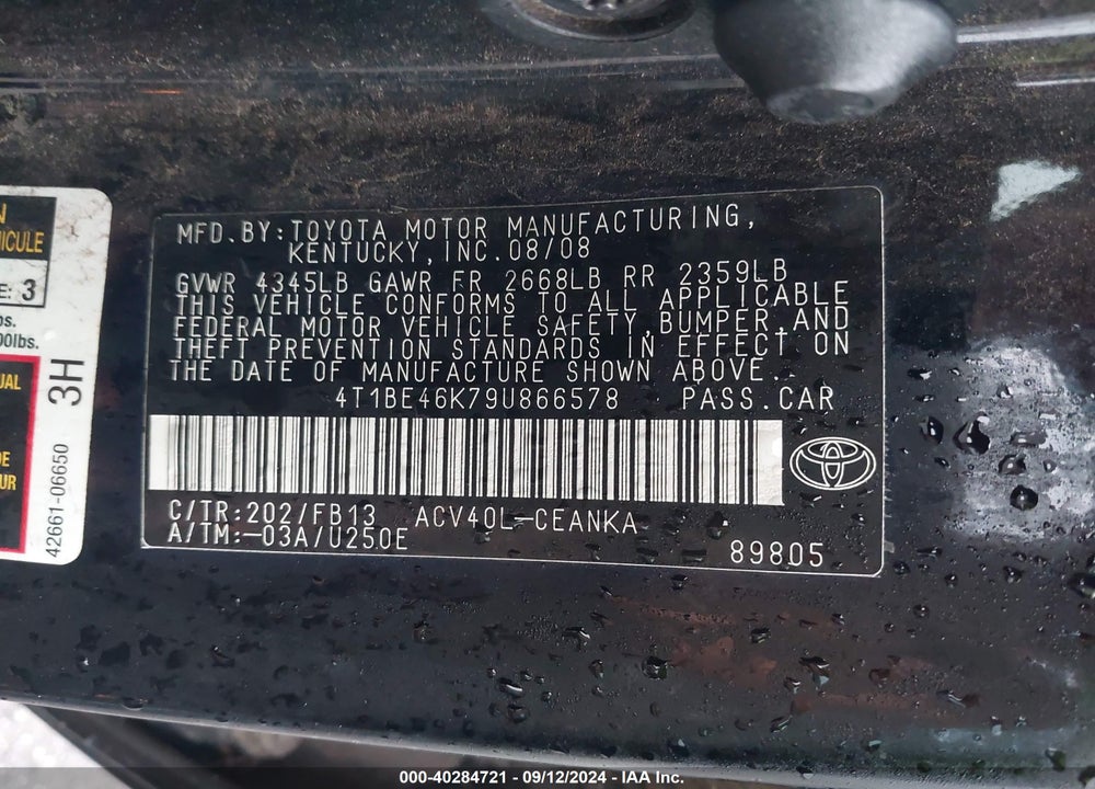 2009 TOYOTA CAMRY VIN: 4T1BE46K79U866578