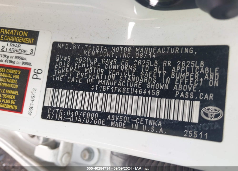2014 TOYOTA CAMRY LE VIN: 4T1BF1FK6EU464458