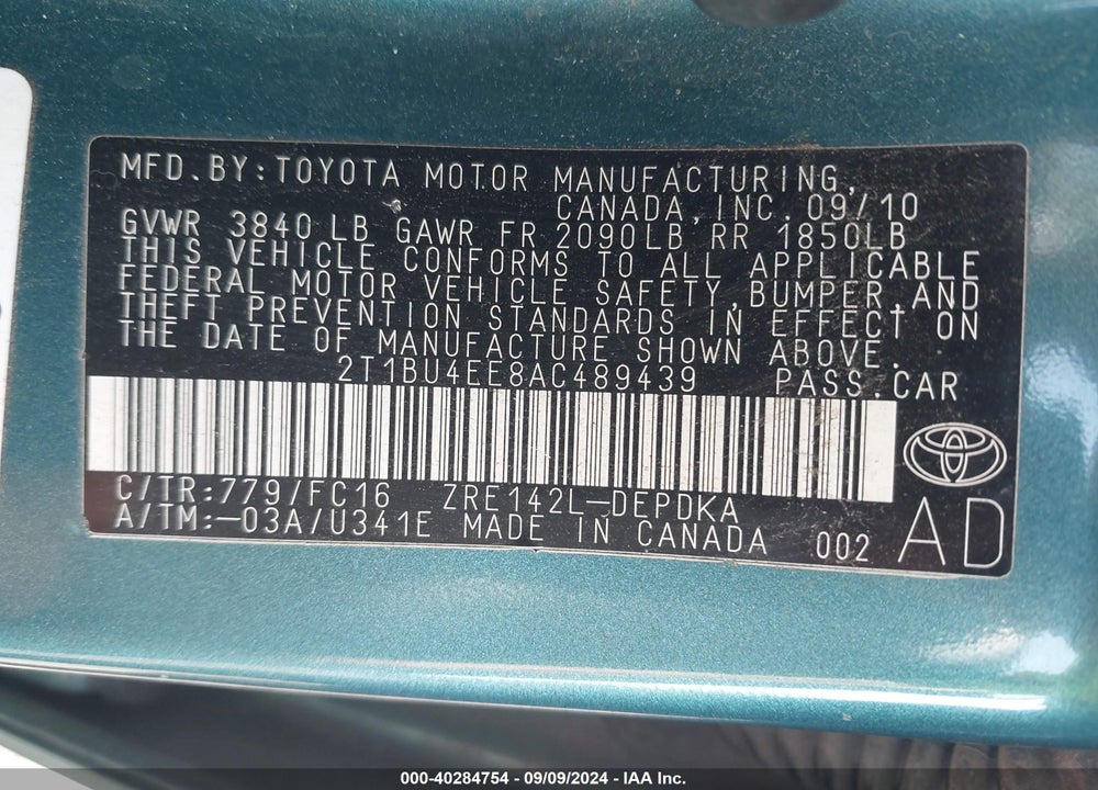 2010 TOYOTA COROLLA VIN: 2T1BU4EE8AC489439