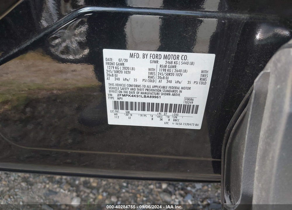 2020 FORD EDGE TITANIUM VIN: 2FMPK4K91LBA89961