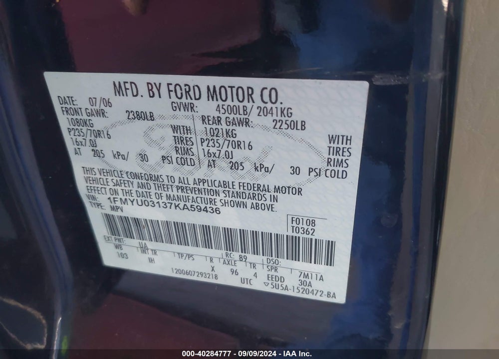 2007 FORD ESCAPE XLT/XLT SPORT VIN: 1FMYU03137KA59436
