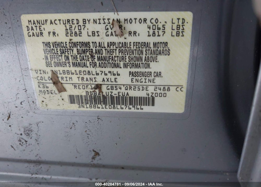 2008 NISSAN SENTRA SE-R VIN: 3N1BB61E08L676966