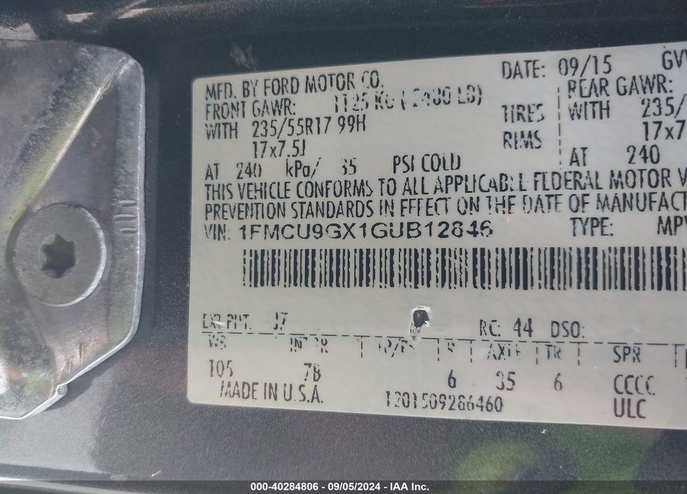 2016 FORD ESCAPE SE VIN: 1FMCU9GX1GUB12846