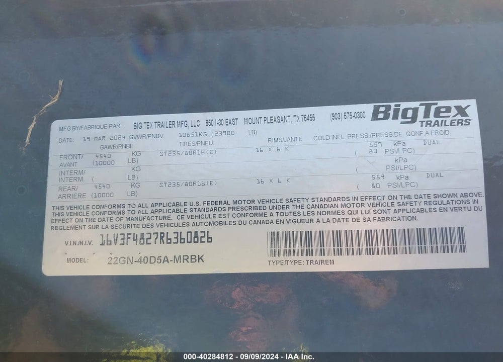 2024 BIG TEX TRAILER CO INC TRAILER VIN: 16V3F4827R6360826