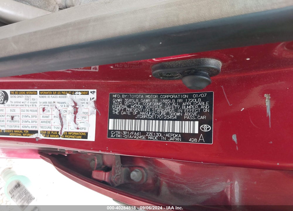 2007 TOYOTA COROLLA CE VIN: JTDBR32E170123454
