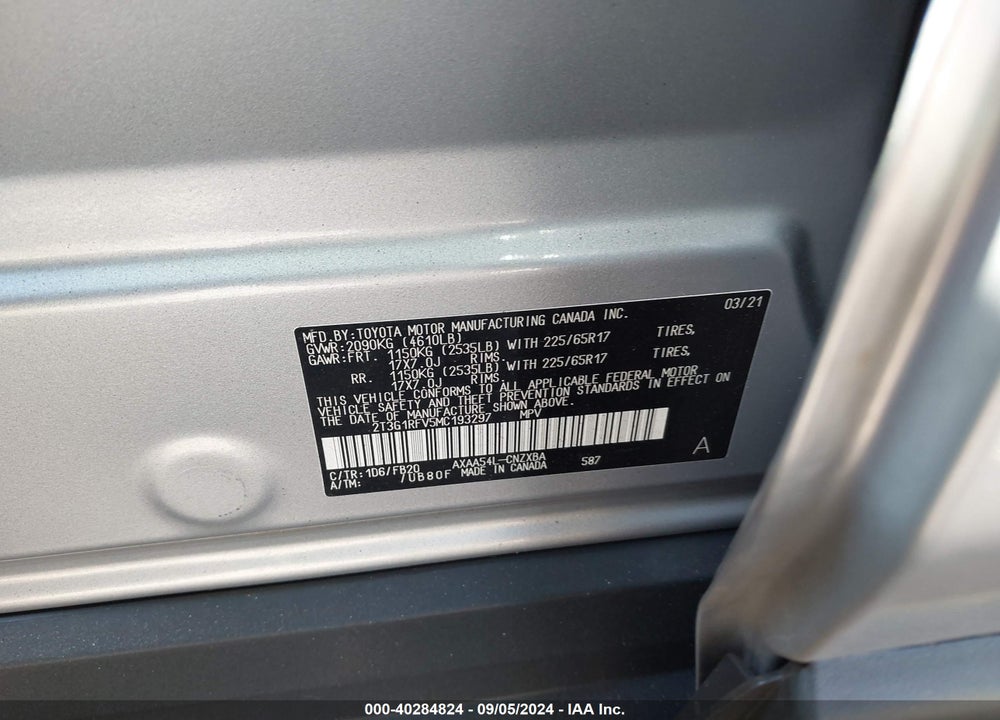 2021 TOYOTA RAV4 LE VIN: 2T3G1RFV5MC193297