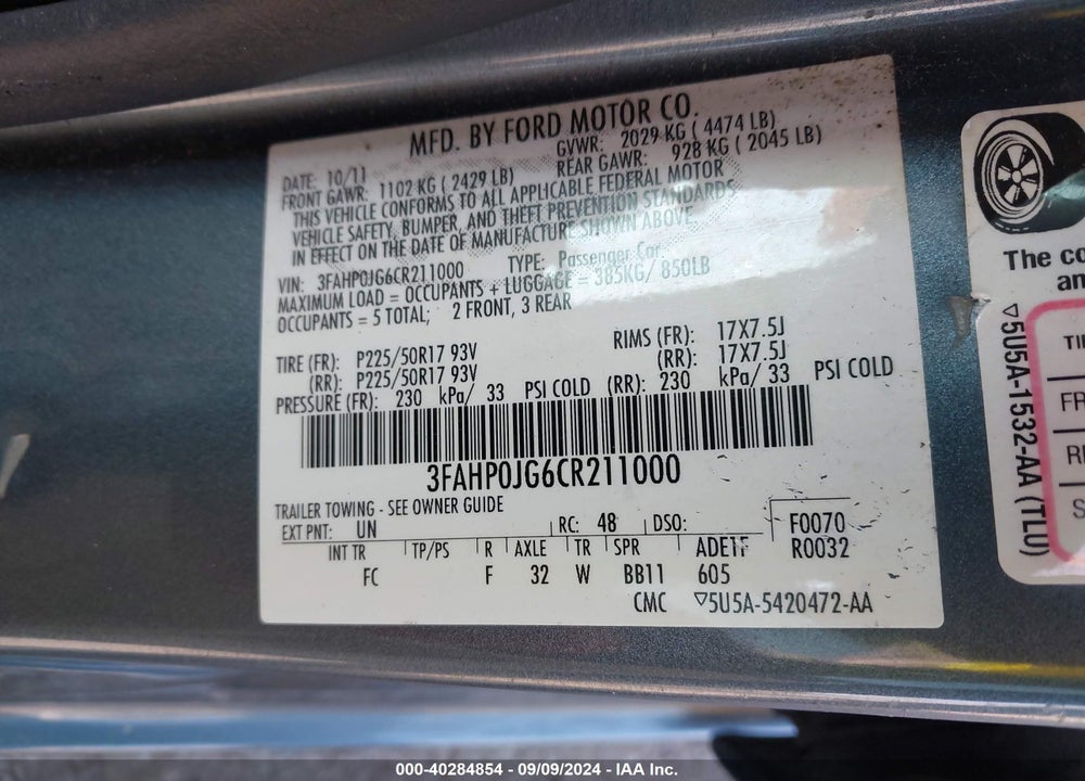 2012 FORD FUSION SEL VIN: 3FAHP0JG6CR211000