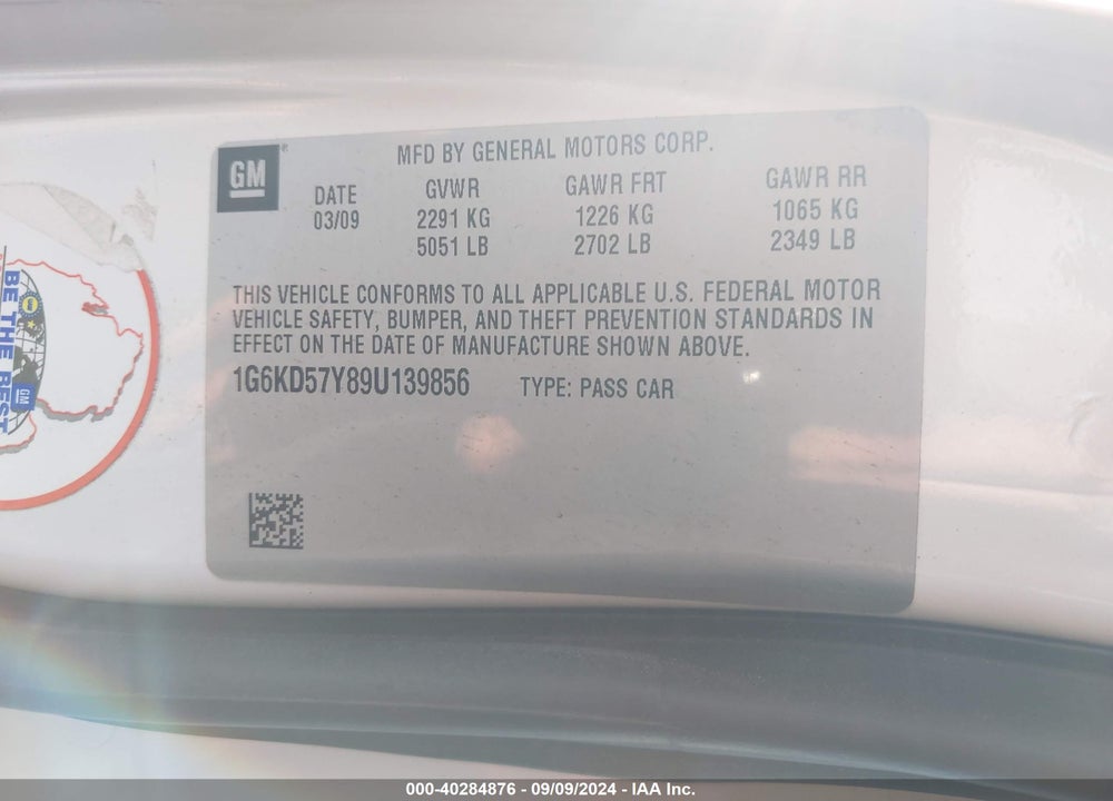 2009 CADILLAC DTS 1SC VIN: 1G6KD57Y89U139856