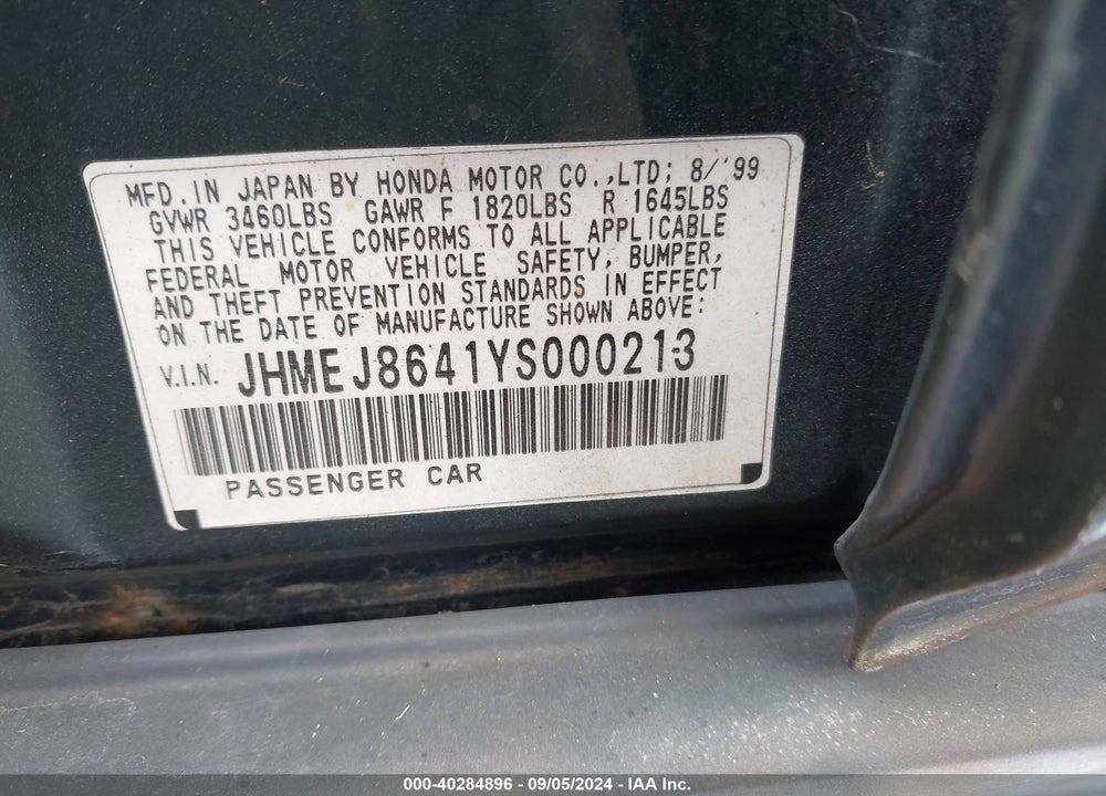 2000 HONDA CIVIC EX VIN: JHMEJ8641YS000213