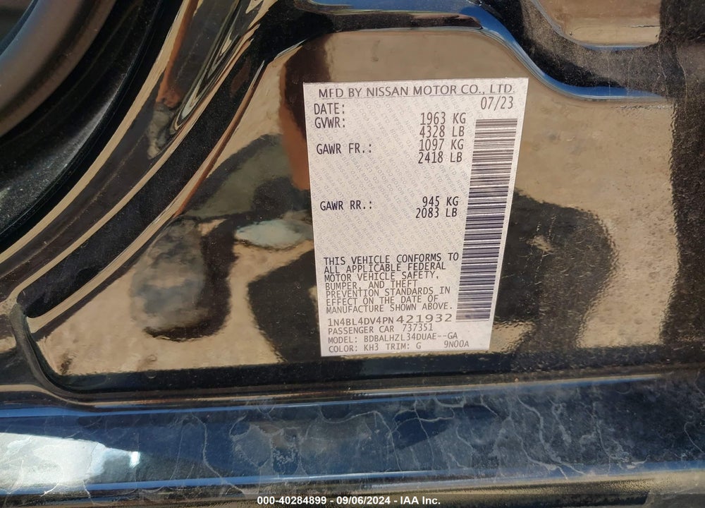 2023 NISSAN ALTIMA SV FWD VIN: 1N4BL4DV4PN421932