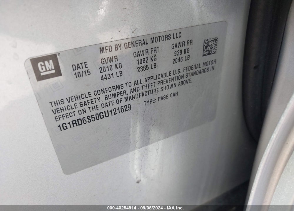 2016 CHEVROLET VOLT PREMIER VIN: 1G1RD6S50GU121629