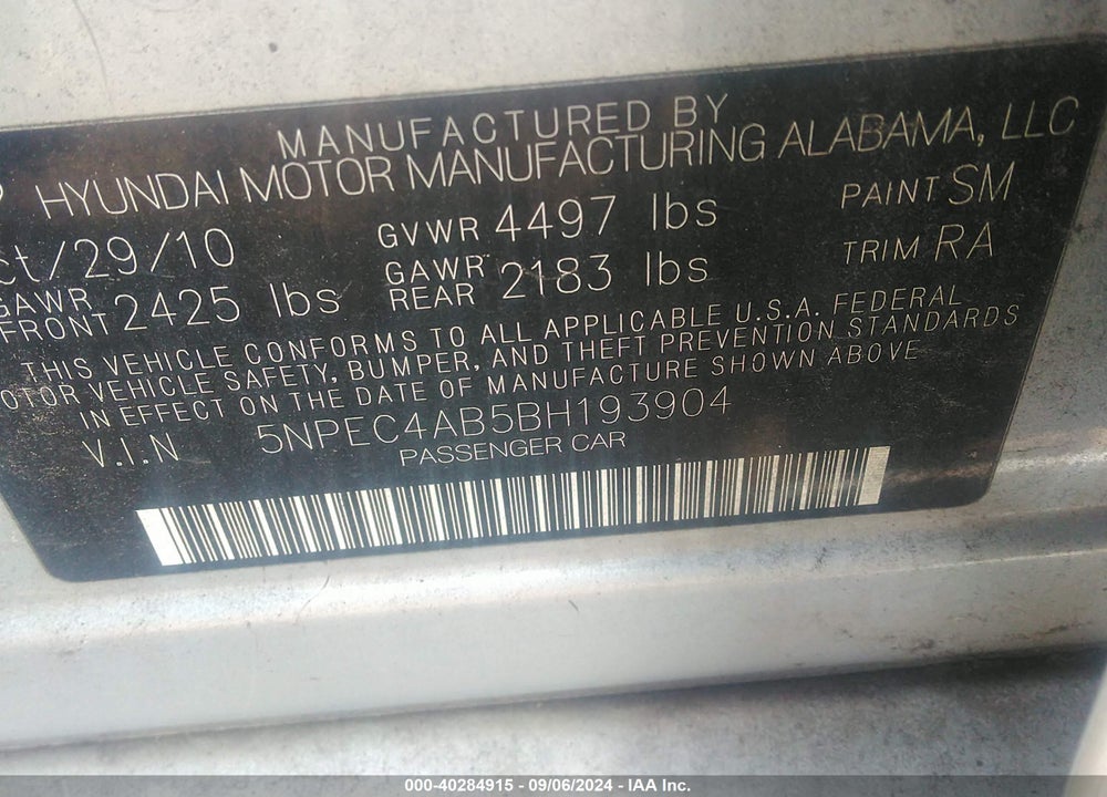 2011 HYUNDAI SONATA LIMITED 2.0T VIN: 5NPEC4AB5BH193904