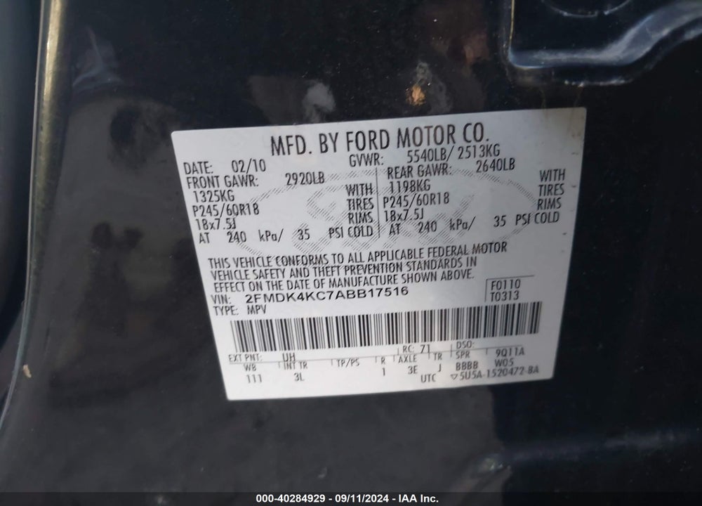 2010 FORD EDGE VIN: 2FMDK4KC7ABB17516