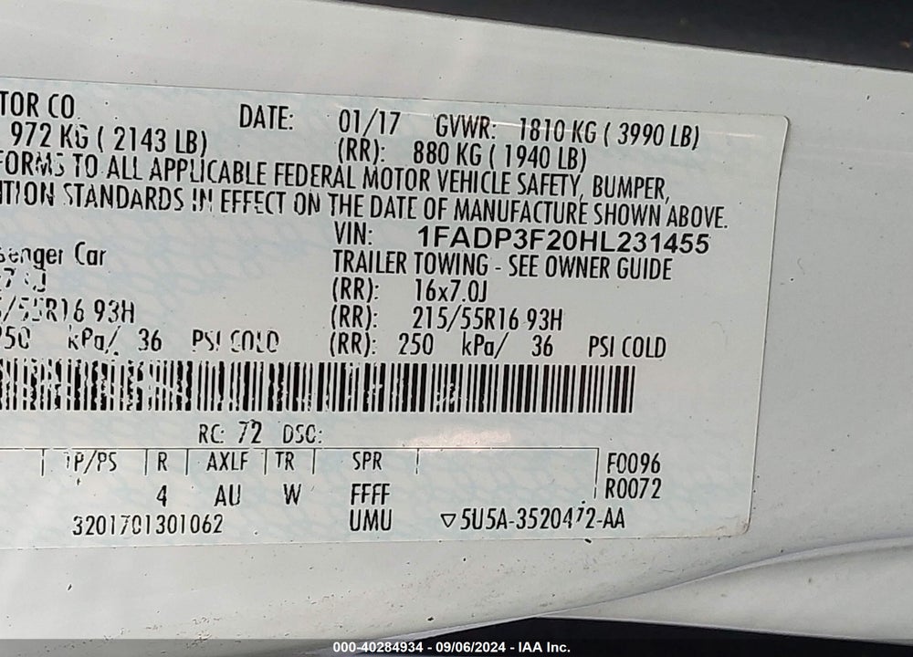 2017 FORD FOCUS SE VIN: 1FADP3F20HL231455