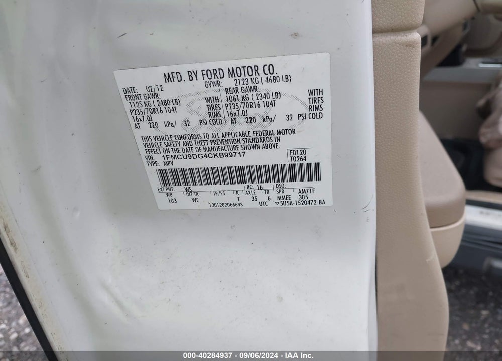 2012 FORD ESCAPE XLT VIN: 1FMCU9DG4CKB99717