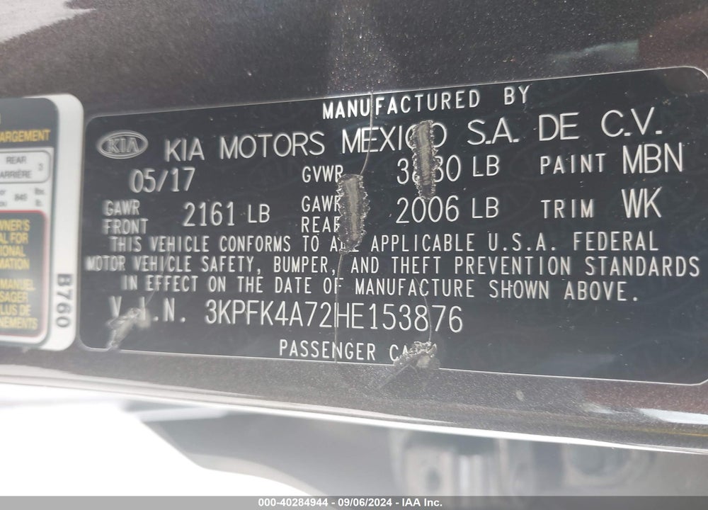 2017 KIA FORTE LX VIN: 3KPFK4A72HE153876