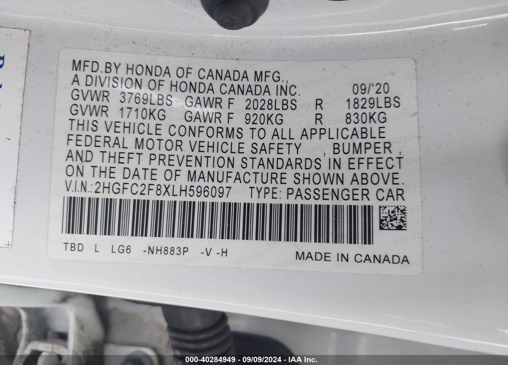 2020 HONDA CIVIC SPORT VIN: 2HGFC2F8XLH596097