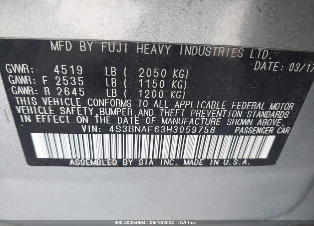 2017 SUBARU LEGACY 2.5I PREMIUM VIN: 4S3BNAF63H3059758