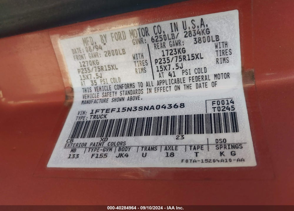 1995 FORD F150 VIN: 1FTEF15N3SNA04368