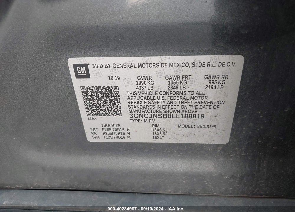 2020 CHEVROLET TRAX AWD LS VIN: 3GNCJNSB8LL188819