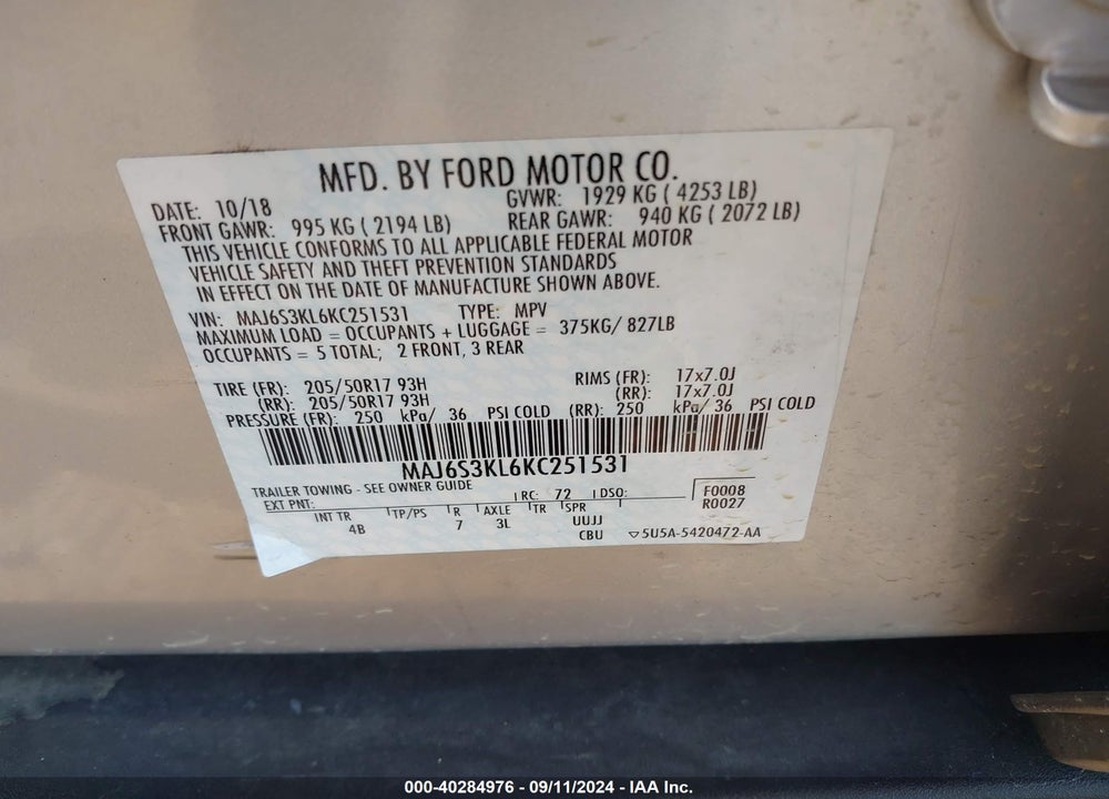 2019 FORD ECOSPORT TITANIUM VIN: MAJ6S3KL6KC251531