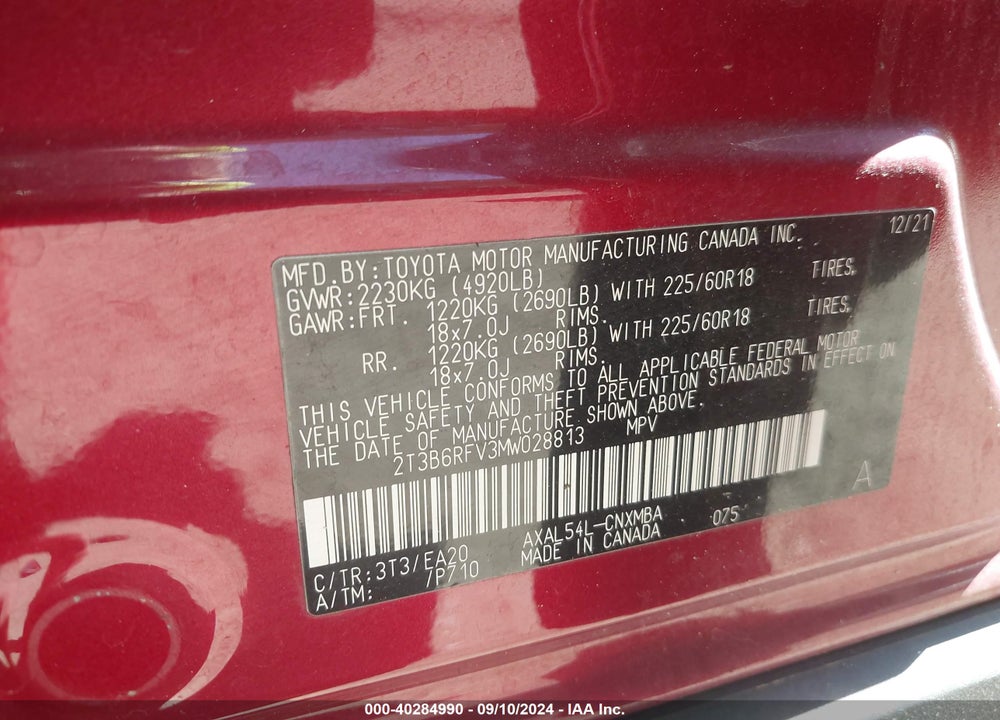 2021 TOYOTA RAV4 VIN: 2T3B6RFV3MW028813