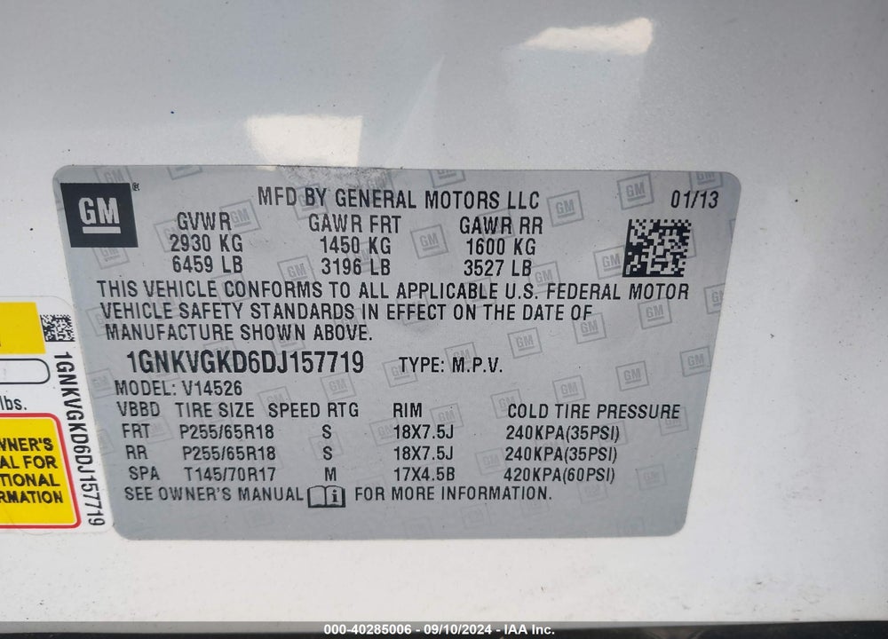 2013 CHEVROLET TRAVERSE 1LT VIN: 1GNKVGKD6DJ157719