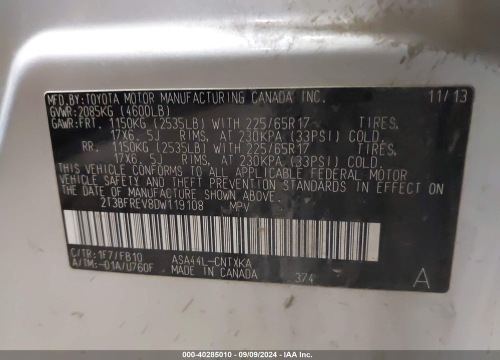 2013 TOYOTA RAV4 LE VIN: 2T3BFREV8DW119108